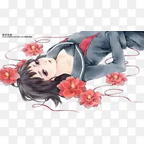 躺在花朵地上的灰衣女孩手绘动漫