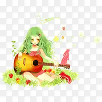 卡通蓝头发美女弹吉他春天