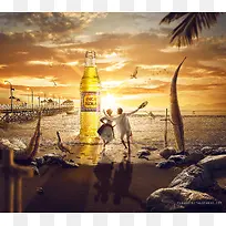 海滩啤酒金色海报背景
