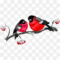 水墨画枝条上的鸟红色七夕情人节
