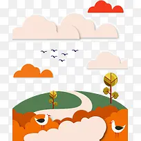 橙色卡通云朵小山丘装饰图案