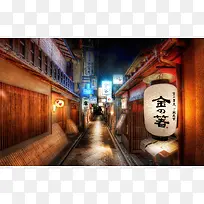 日本传统建筑街道灯笼夜景