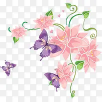 粉色花朵和紫色蝴蝶