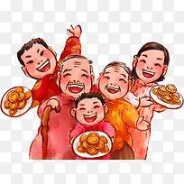 手绘喜庆一家人吃月饼装饰图案