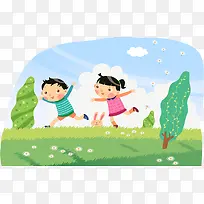 可爱卡通插图草地上奔跑的孩子