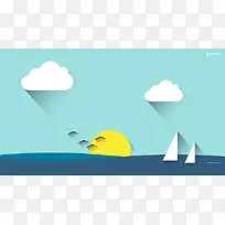 卡通日出的海面帆船海报背景