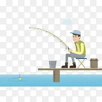 卡通手绘河边钓鱼渔夫