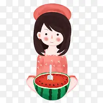 立夏节气可爱手绘插画女孩吃西瓜