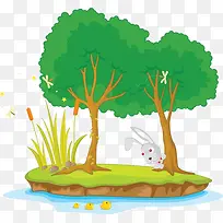 卡通河边树下的兔子