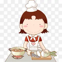 卡通手绘正在做饭的妈妈