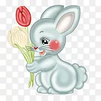 卡通拿花的兔子