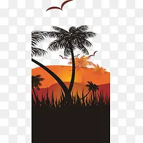 手绘夕阳椰树大雁图案