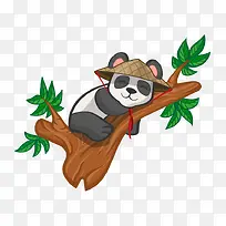 卡通手绘可爱熊猫睡在树枝上