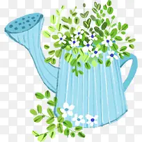 蓝色卡通喷壶植物白色小花