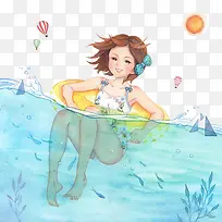 手绘卡通女孩游泳插画