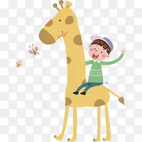 卡通骑着长颈鹿的孩子免抠图