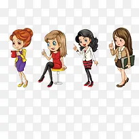 四个不同装扮的卡通商务女孩