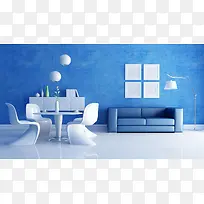 冷色调蓝色客厅桌椅