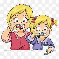 卡通姐妹在刷牙矢量