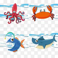 卡通螃蟹虾鲨鱼章鱼