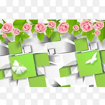 绿色玫瑰花方格子素材背景