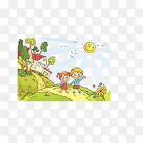 矢量多彩太阳当空照绿色家园