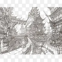 中国风建筑城市线稿