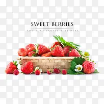 浅竹筐里放满了草莓和掉出的草莓