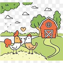 卡通儿童画养鸡场