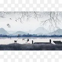 冬日湖边的丹顶鹤海报背景