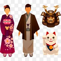 日本矢量卡通和服素材武士招财猫