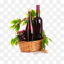 果篮里装着新鲜葡萄和葡萄酒