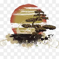 矢量手绘古典松树与落日