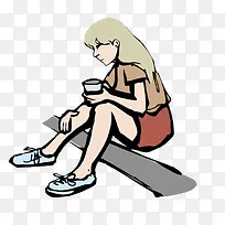 坐在地上喝咖啡的女孩