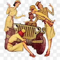 插画-女战士讨论新车