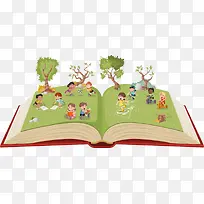 矢量书本上的小树与卡通儿童