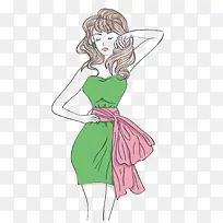 矢量绿色包臀裙长发女郎纹绣美女
