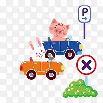 开着汽车的小兔和小猪