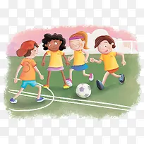 卡通手绘踢足球的儿童
