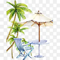 水彩桌椅和椰树