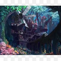 幻想森林里的城堡城镇插画