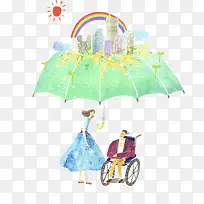 伞下的坐在轮椅上的人