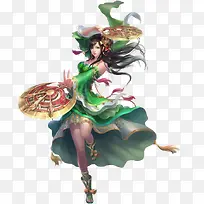 手持兵器穿绿色服装的美女游戏人物