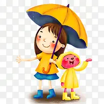 女孩和小熊雨中漫步