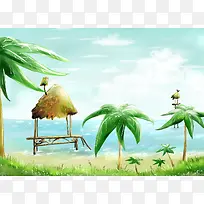 动漫椰子树大海草屋
