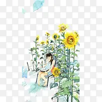 手绘少女与向日葵