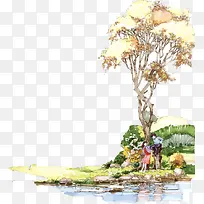 创意合成效果水彩室外园林植物