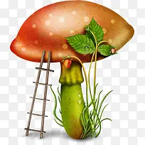 卡通蘑菇 绿叶 露珠 梯子 png免扣素