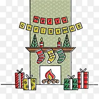 矢量简易圣诞节壁炉插画