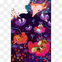 手绘彩色狐狸精灵